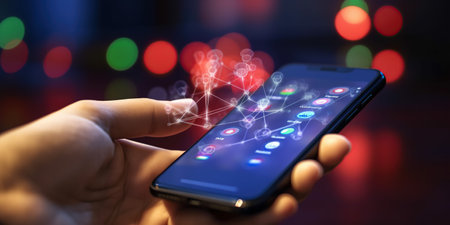 Mobile smart phone with colorful app icon concept, digital mobile viewの素材
