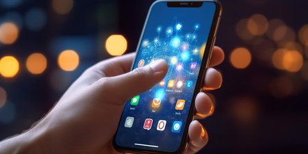 Mobile smart phone with colorful app icon concept, digital mobile viewの素材