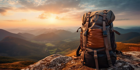 mountain climbers tourists Backpack placed. Atop high rocks. Sport and active life concept.の素材