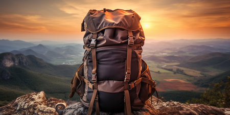 mountain climbers tourists Backpack placed. Atop high rocks. Sport and active life concept.の素材