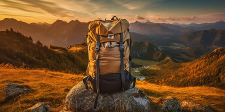 mountain climbers tourists Backpack placed. Atop high rocks. Sport and active life concept.の素材
