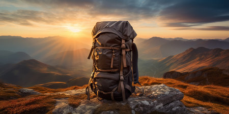mountain climbers tourists Backpack placed. Atop high rocks. Sport and active life concept.の素材