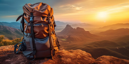mountain climbers tourists Backpack placed. Atop high rocks. Sport and active life concept.の素材