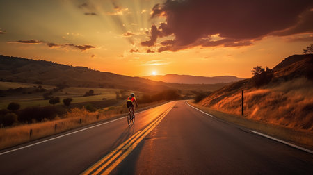 Cyclists practice cycling on open road to sunsetの素材
