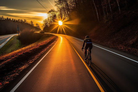 Cyclists practice cycling on open road to sunsetの素材