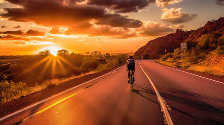 Cyclists practice cycling on open road to sunsetの素材