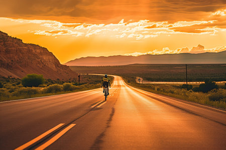 Cyclists practice cycling on open road to sunsetの素材