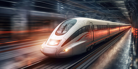 High-speed train moving on Asian train station. Modern passenger train moving fast on the train platform. commercial transportation. blurred backgroundの素材