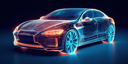 wireframe car concept on road and futuristic city on background SUV rear view, 3D renderingの素材