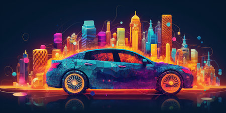 wireframe car concept on road and futuristic city on background SUV rear view, 3D renderingの素材