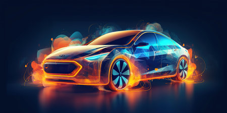wireframe car concept on road and futuristic city on background SUV rear view, 3D renderingの素材