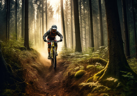 Tourists riding mountain bikes in the inspirational mountain landscape in spring Man riding MTB bike on enduro track Fitness Motivation and Outdoor Inspirationの素材