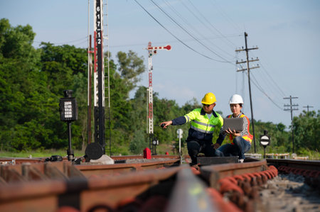 Asian railway engineer inspects a train station Engineer working on maintenance inspection in railway stationの写真素材