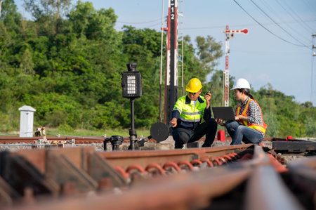 Asian railway engineer inspects a train station Engineer working on maintenance inspection in railway stationの写真素材