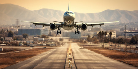 A passenger plane landing onto an airport runway in beautiful sunset lightの素材