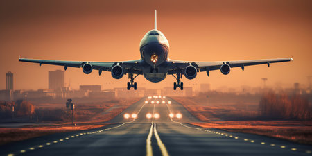 A passenger plane landing onto an airport runway in beautiful sunset lightの素材