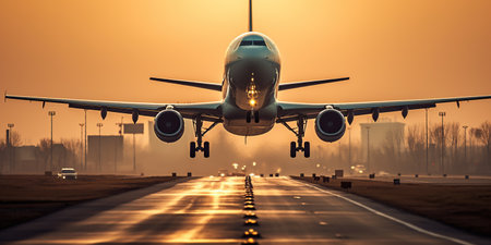 A passenger plane landing onto an airport runway in beautiful sunset lightの素材