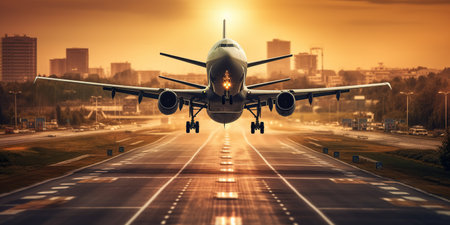 A passenger plane landing onto an airport runway in beautiful sunset lightの素材