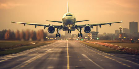 A passenger plane landing onto an airport runway in beautiful sunset lightの素材