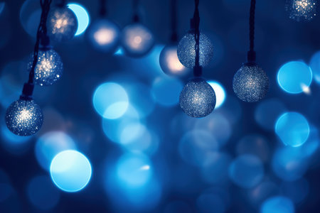 A warm golden Christmas garland glows over a dark bokeh background with a glitter overlay.の素材