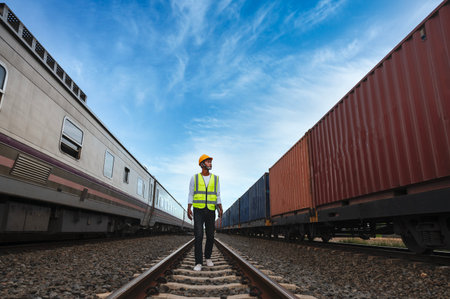 Engineer inspects container train of transport company Distribution and transportation of goods by rail A container train passing through an industrial areaの写真素材