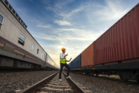 Engineer inspects container train of transport company Distribution and transportation of goods by...