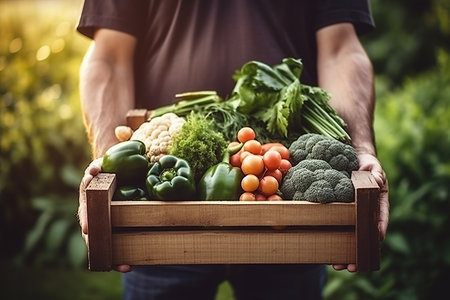 organic farmer Male hand standing in vegetable field holding wooden box with beautiful fresh vegetables. Organic vegetables and healthy lifestyle concept Generated with AIの素材