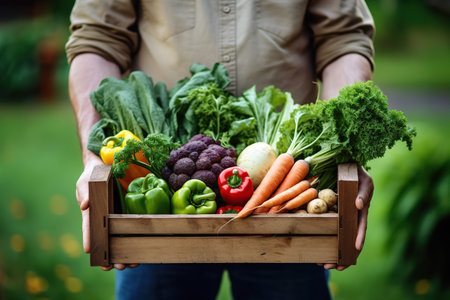 organic farmer Male hand standing in vegetable field holding wooden box with beautiful fresh vegetables. Organic vegetables and healthy lifestyle concept Generated with AIの素材