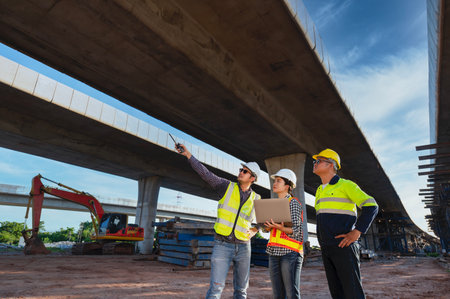 Team of 3 Asian engineers inspecting expressway construction. Asian architect and mature supervisor meeting at expressway construction siteの写真素材
