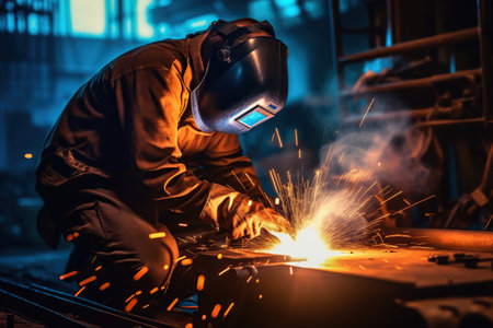 Welder welding steel in a factory , Industrial Worker at the factory welding closeupの素材