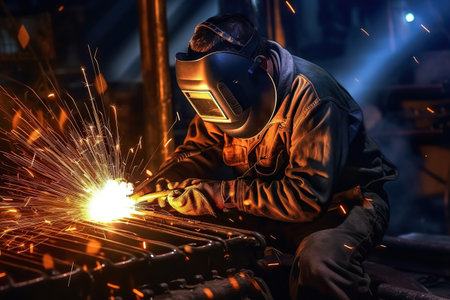 Welder welding steel in a factory , Industrial Worker at the factory welding closeupの素材