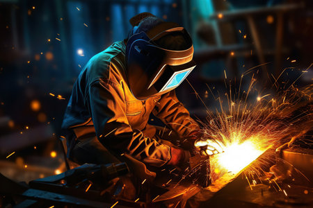 Welder welding steel in a factory , Industrial Worker at the factory welding closeupの素材