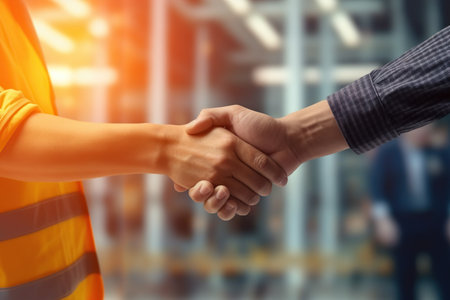 Two engineers shaking hands and congratulating the successの素材