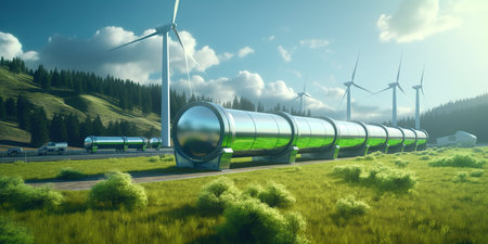 A hydrogen pipeline with wind turbines and in the background,Green Hydrogen Gas for Solar Power Plants and Clean Wind Turbinesの素材
