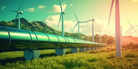 A hydrogen pipeline with wind turbines and in the background,Green Hydrogen Gas for Solar Power Plants and Clean Wind Turbinesの素材