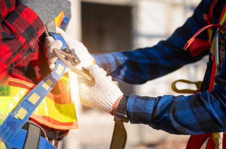 Construction worker preparing safety in work clothes Before installing new roofing tools Roofing tools, electric drills and used on new wooden roofs with metal sheetsの写真素材