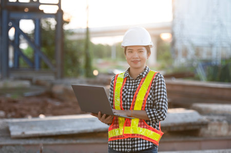 construction engineer Asian female architect with tablet computer at expressway construction site young woman watching expressway construction siteの写真素材
