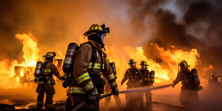 Fire teams use swirling water mist extinguishers to fight the oil blaze to keep the fire under controlの素材