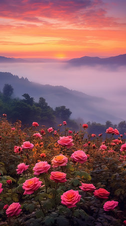 Natural beauty podium backdrop with spring rose flower field. 3D Illustrationの素材