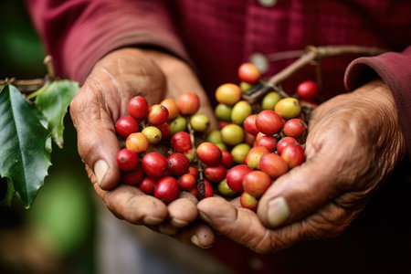arabica coffee berries with agriculturist handsRobusta and arabica coffee berries with agriculturist hands, Gia Lai, Vietnamの素材