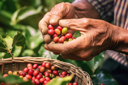 arabica coffee berries with agriculturist handsRobusta and arabica coffee berries with agriculturist hands, Gia Lai, Vietnamの素材