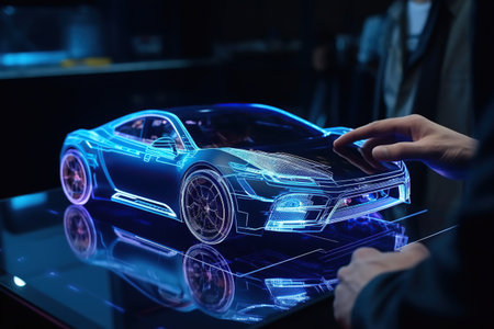 Car design engineers using holographic app in digital tabletの素材