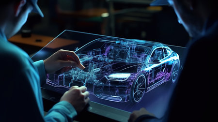 Car design engineers using holographic app in digital tabletの素材