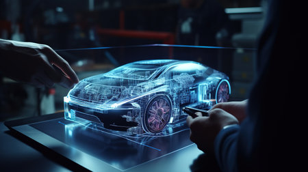 Car design engineers using holographic app in digital tabletの素材