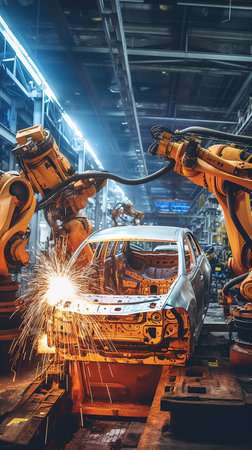 A robot is welding a welding arm in a car production lineの素材