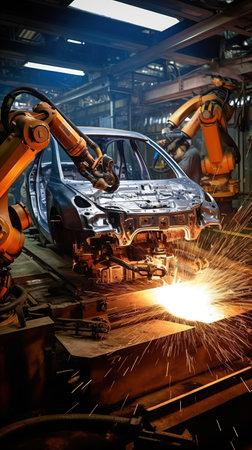 A robot is welding a welding arm in a car production lineの素材