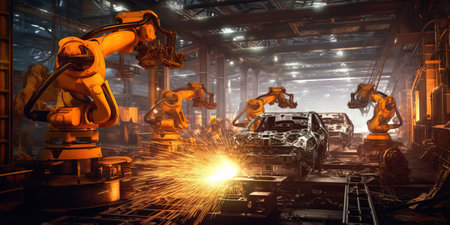 A robot is welding a welding arm in a car production lineの素材