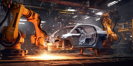 A robot is welding a welding arm in a car production lineの素材