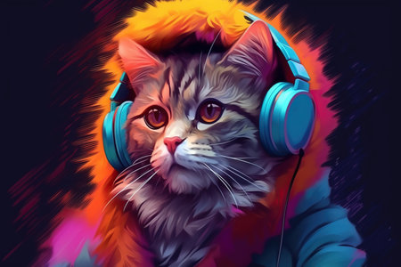 cool hipster cat Stylish hat and vintage round sunglasses listening to music on colorful background wireless headphones. creative concept animal styleの素材