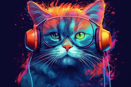cool hipster cat Stylish hat and vintage round sunglasses listening to music on colorful background wireless headphones. creative concept animal styleの素材